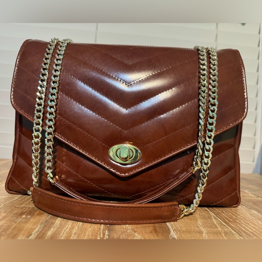 Maxi double flap Cognac calfskin leather gold hardware designer bag by Virsa Bag
